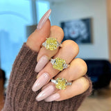 3Stones Ring - 3ct Cushion Cut Yellow Diamond Ring & 2 Half-Moon