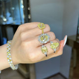 3Stones Ring - 3ct Cushion Cut Yellow Diamond Ring & 2 Half-Moon