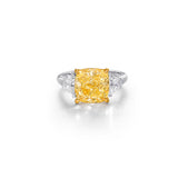 3Stones Ring - 3ct Cushion Cut Yellow Diamond Ring & 2 Half-Moon