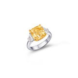 3Stones Ring - 3ct Cushion Cut Yellow Diamond Ring & 2 Half-Moon