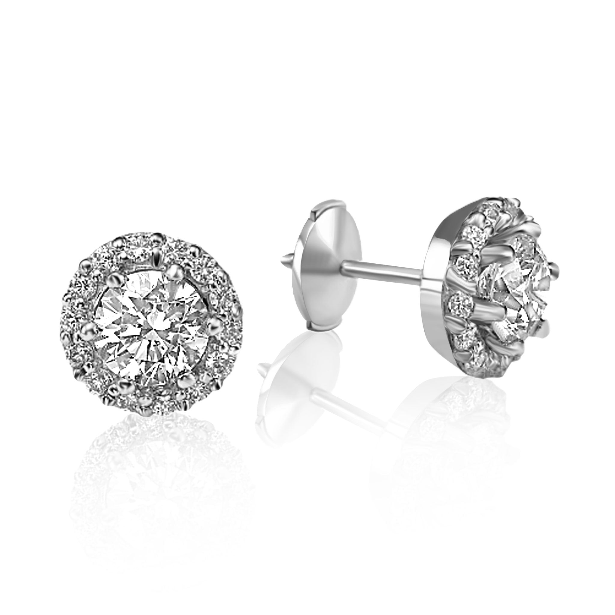 Center Of Stone - Halo Settings Stud Earrings - Real Natural Diamonds